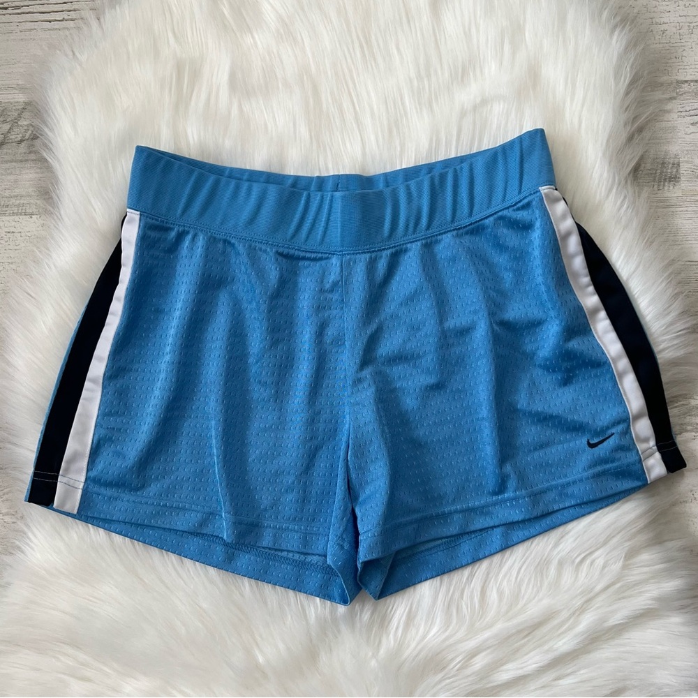 Nike Women's Blue Athletic Shorts with Black and White detailing Size Medium